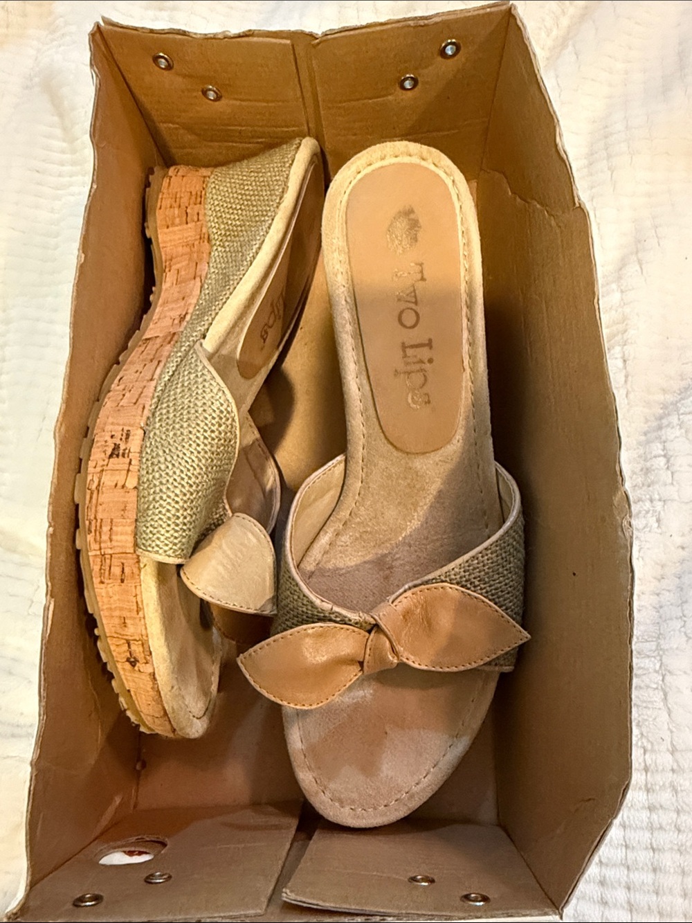 Two Lips Beige and Tan Cork Wedge Slide Sandals with Bow
